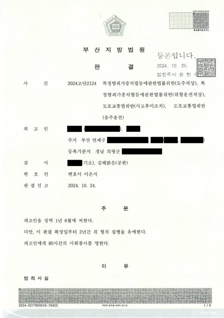 거제도주치상변호사 사례 - 부산지방법원 2024고단2124 도주치상 사건 판결 요약 자료 1