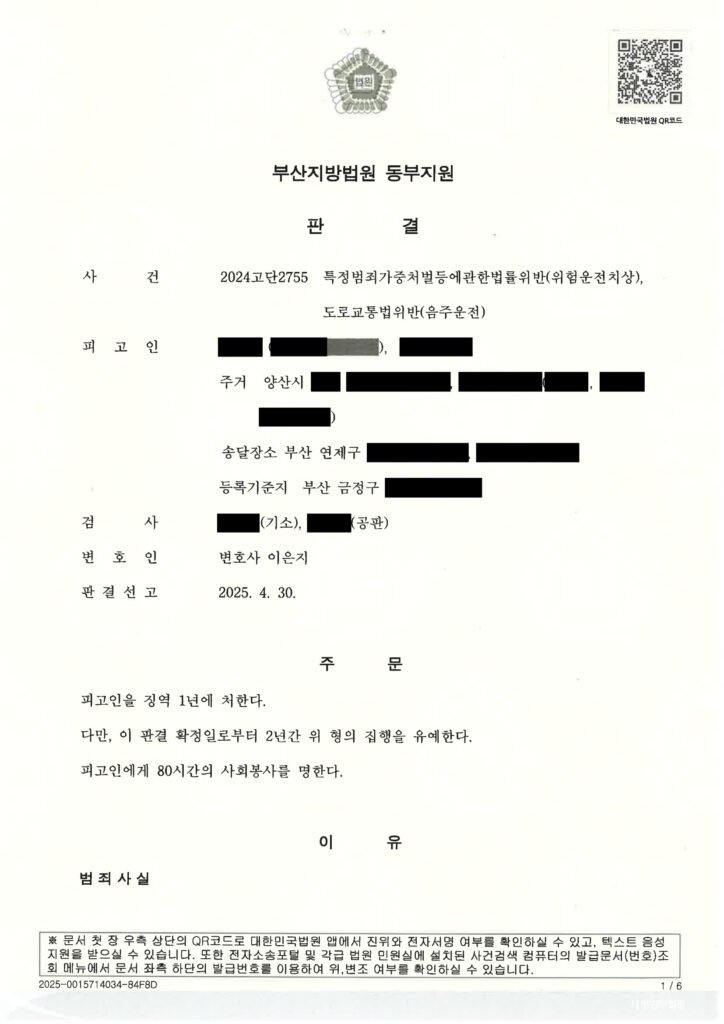 거제위험운전치상변호사 - 부산 도시고속도로 음주운전 사고 사건 개요와 판결 안내 자료 1